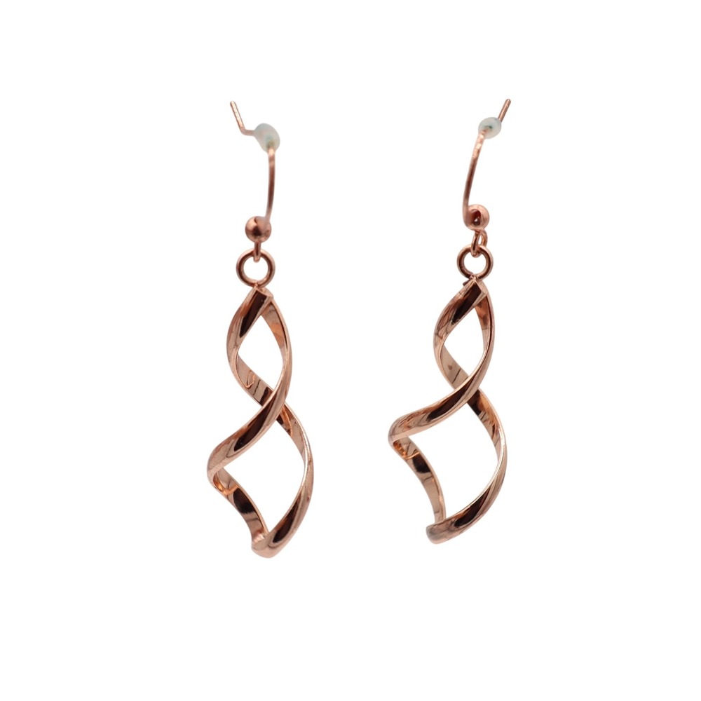 Rose Gold Tone Double Helix Spiral Dangle Drop Earrings French Wire Hook